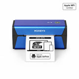MUNBYN RW401AP AirPrint Label Printer in Blue, 300 DPI High Resolution, Apple MFi Certified, supporting 5G WiFi and Bluetooth connection for shipping labels.