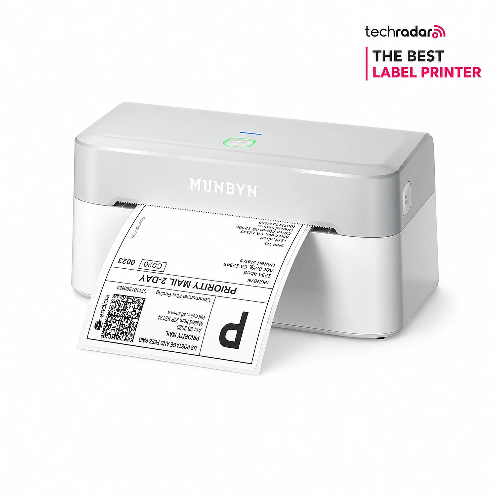 MUNBYN RealWriter 403B thermal label printer kit with white label roll, USB connection, for shipping and labeling tasks.