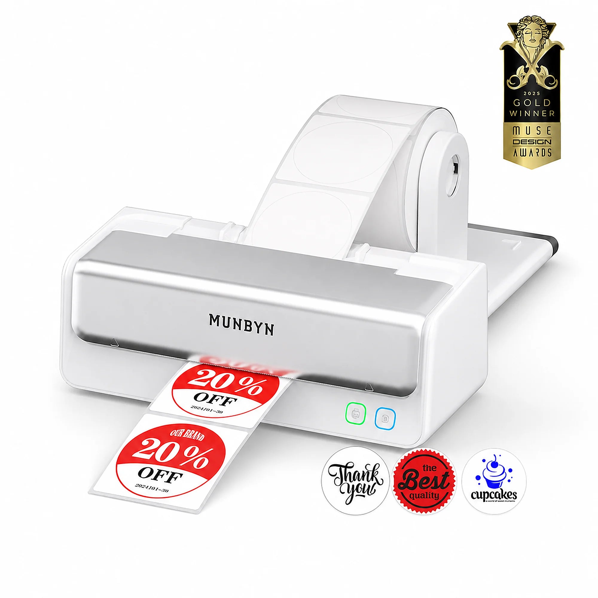 MUNBYN RealWriter 405B thermal label printer with white body, compact design, and connected with a thermal printing mechanism.