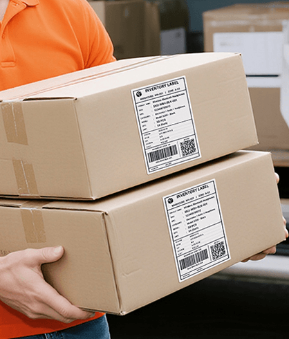 shipping labels on stacked cardboard boxes