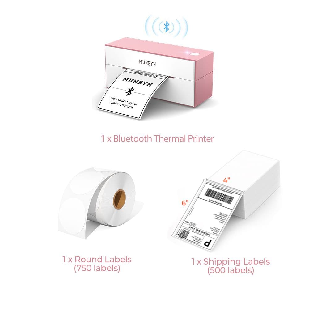 The pink Bluetooth printer kit has a pink Bluetooth shipping label printer, a roll of round labels and a stack of 4x6 fanfold shipping labels.