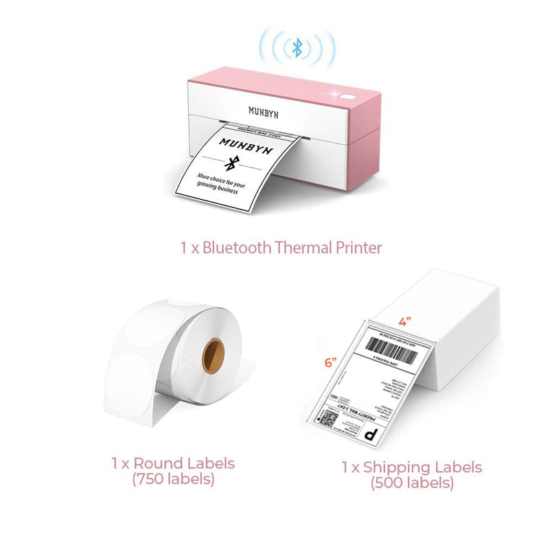 The pink Bluetooth printer kit has a pink Bluetooth shipping label printer, a roll of round labels and a stack of 4x6 fanfold shipping labels.