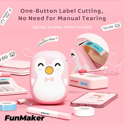 MUNBYN Pink penguin Portable Bluetooth Label Maker Machine has one-button label cutting and no need for manual tearing.