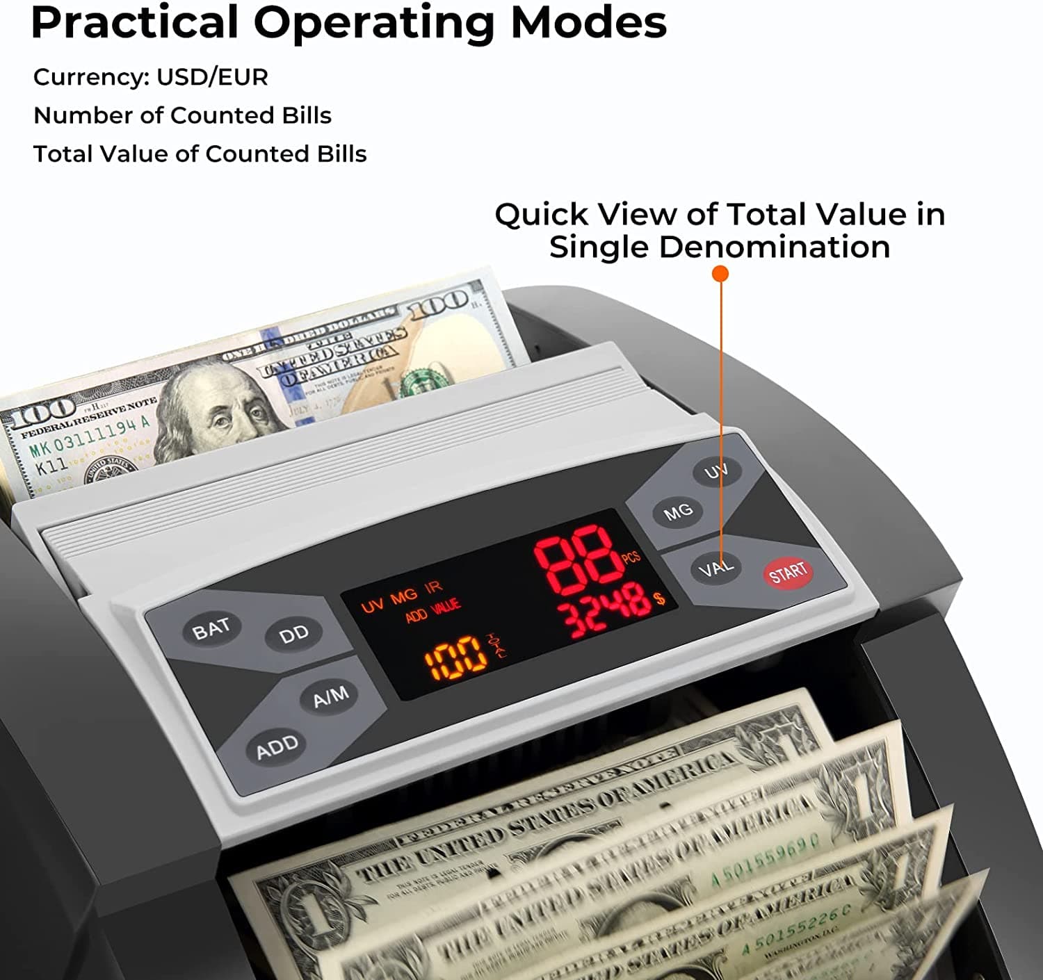 MUNBYN IMC03 Money Counter Machine Count Value of Bills, USD/EUR, UV/MG/IR/DD/DBL/HLF/CHN Counterfeit Detection Bill Counter, Add Batch 1,300 Bills/Min, External Display Cash Counter