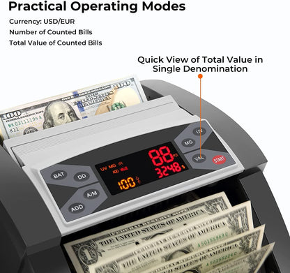 MUNBYN IMC03 Money Counter Machine Count Value of Bills, USD/EUR, UV/MG/IR/DD/DBL/HLF/CHN Counterfeit Detection Bill Counter, Add Batch 1,300 Bills/Min, External Display Cash Counter