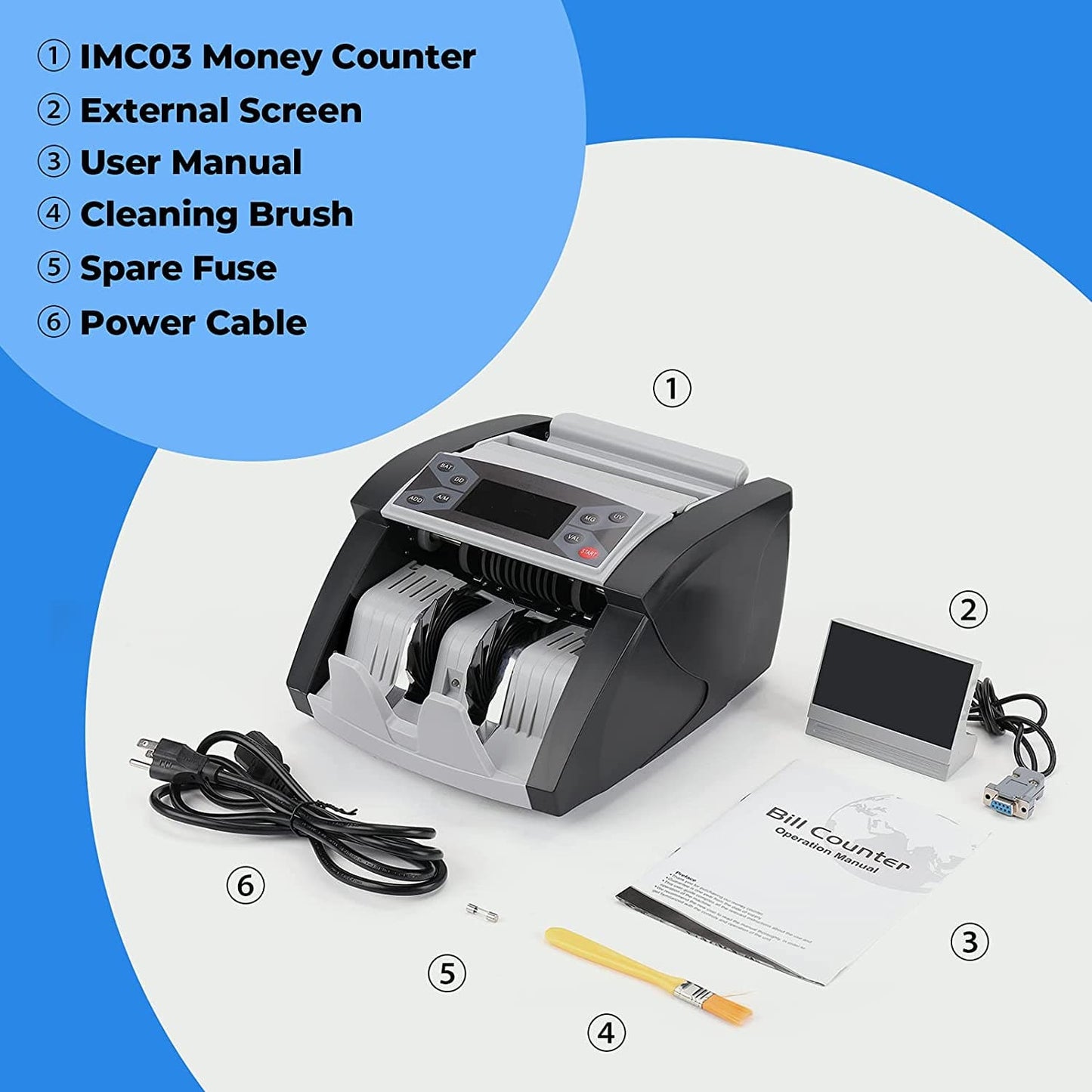 MUNBYN IMC03 Money Counter Machine Count Value of Bills, UV/MG/IR Counterfeit Detection Bill Counter - Cash Counter with LCD Display, 5 Modes Add/Batch/Auto/Count/Restart, 1,300 Bills/Min