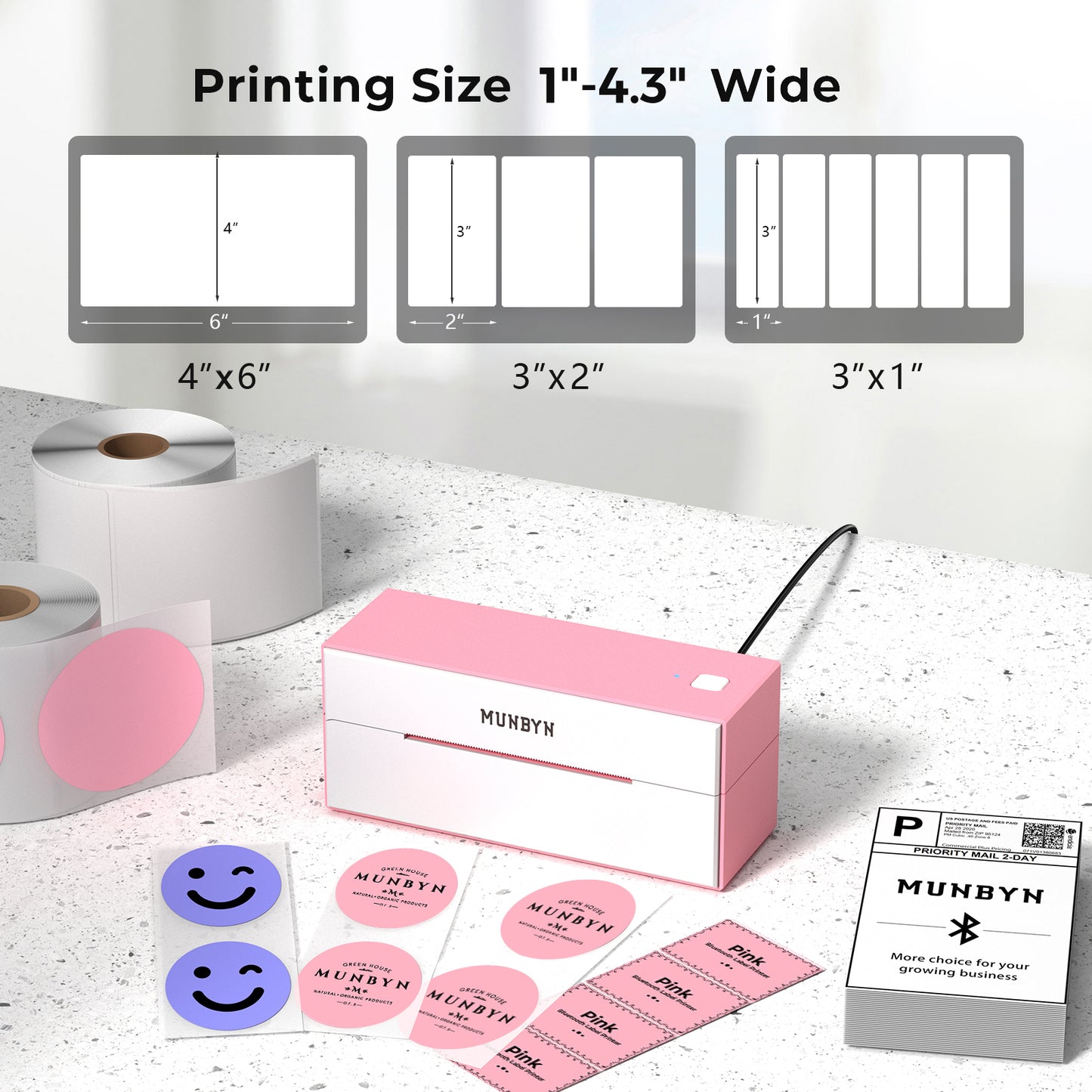 MUNBYN RealWriter 129B Bluetooth Thermal Label Printer Starter Kit | Pink