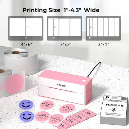 MUNBYN RealWriter 129B Bluetooth Thermal Label Printer Starter Kit | Pink